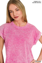 Zenana Halo Washed Cotton Cuffed Short Sleeve Top