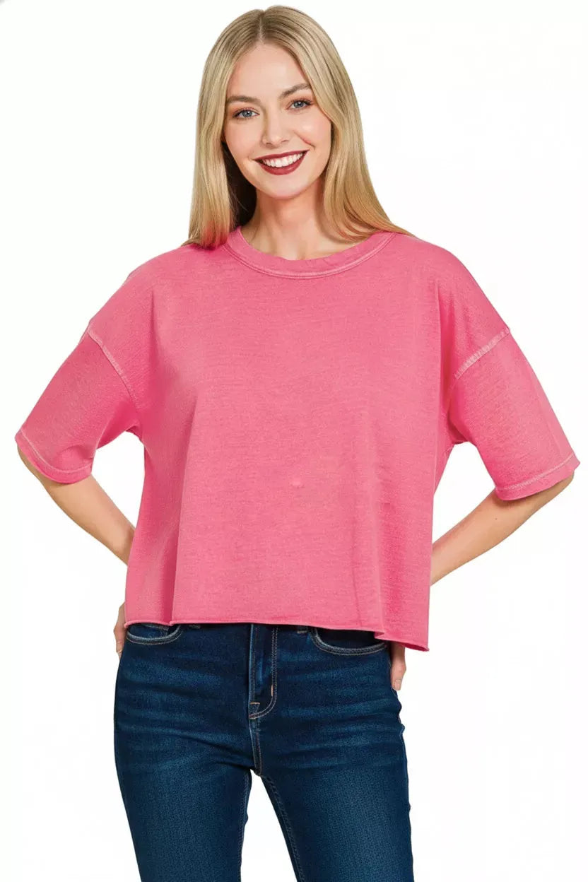 Zenana Pigment Dye & Enzyme Washed Oversized Crop Box Tee