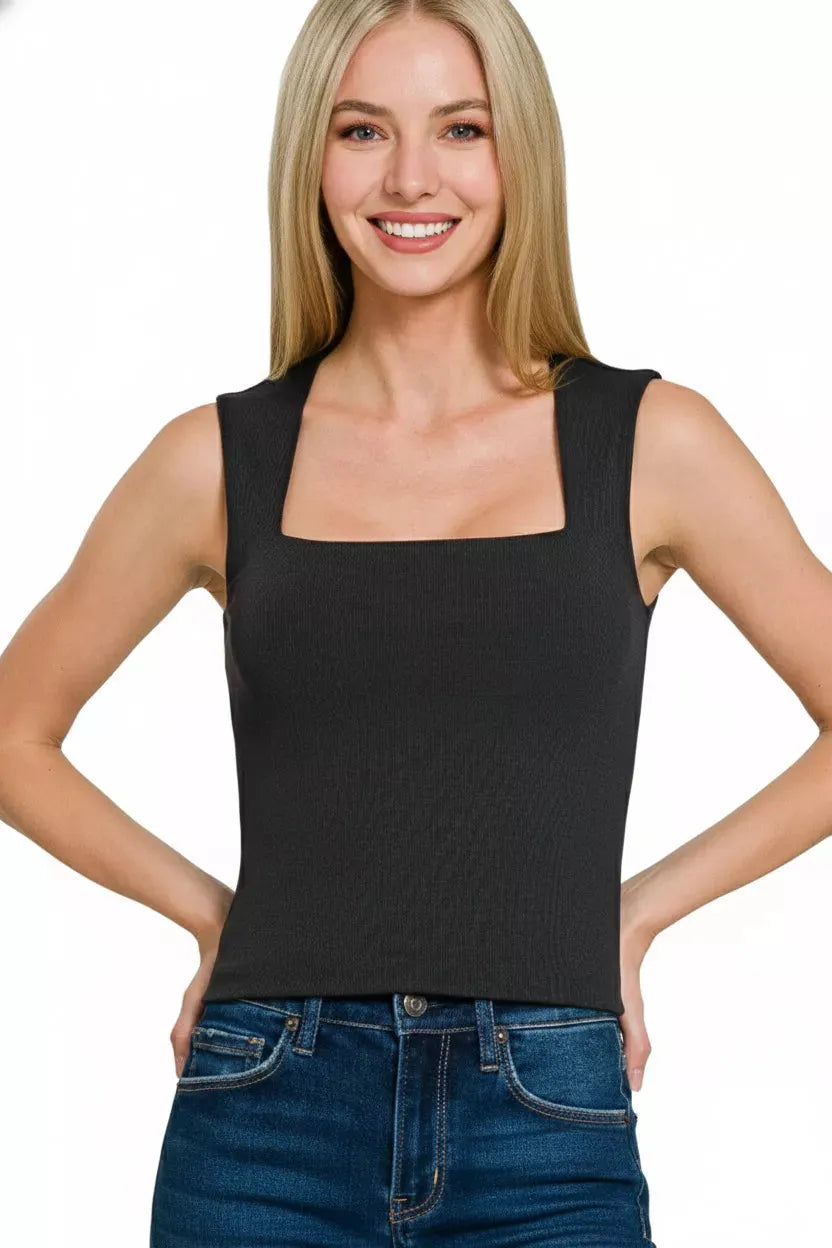 Zenana Ribbed Seamless Double Layered Square Neck Tank