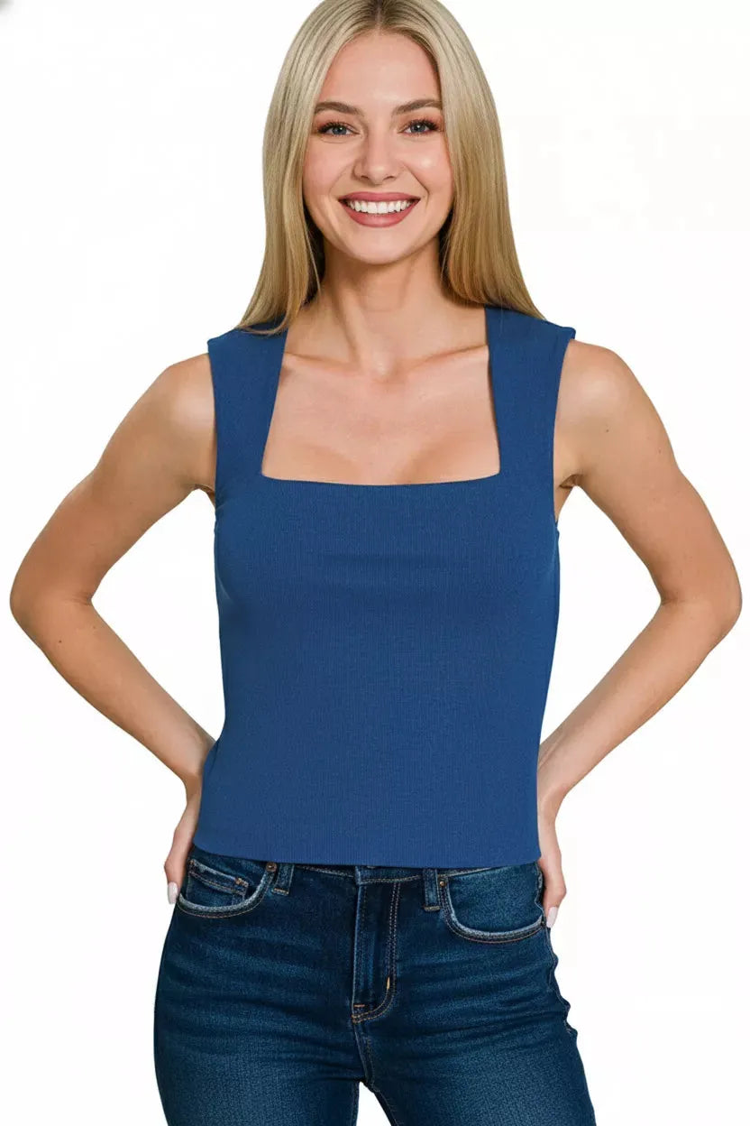 Zenana Ribbed Seamless Double Layered Square Neck Tank