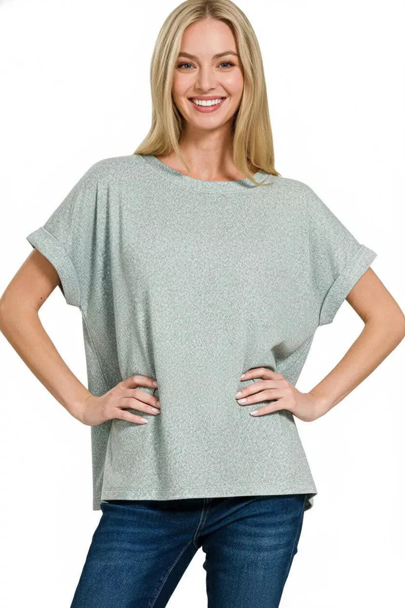 Zenana Soft Melange Hacci Short Sleeve Round Neck Top