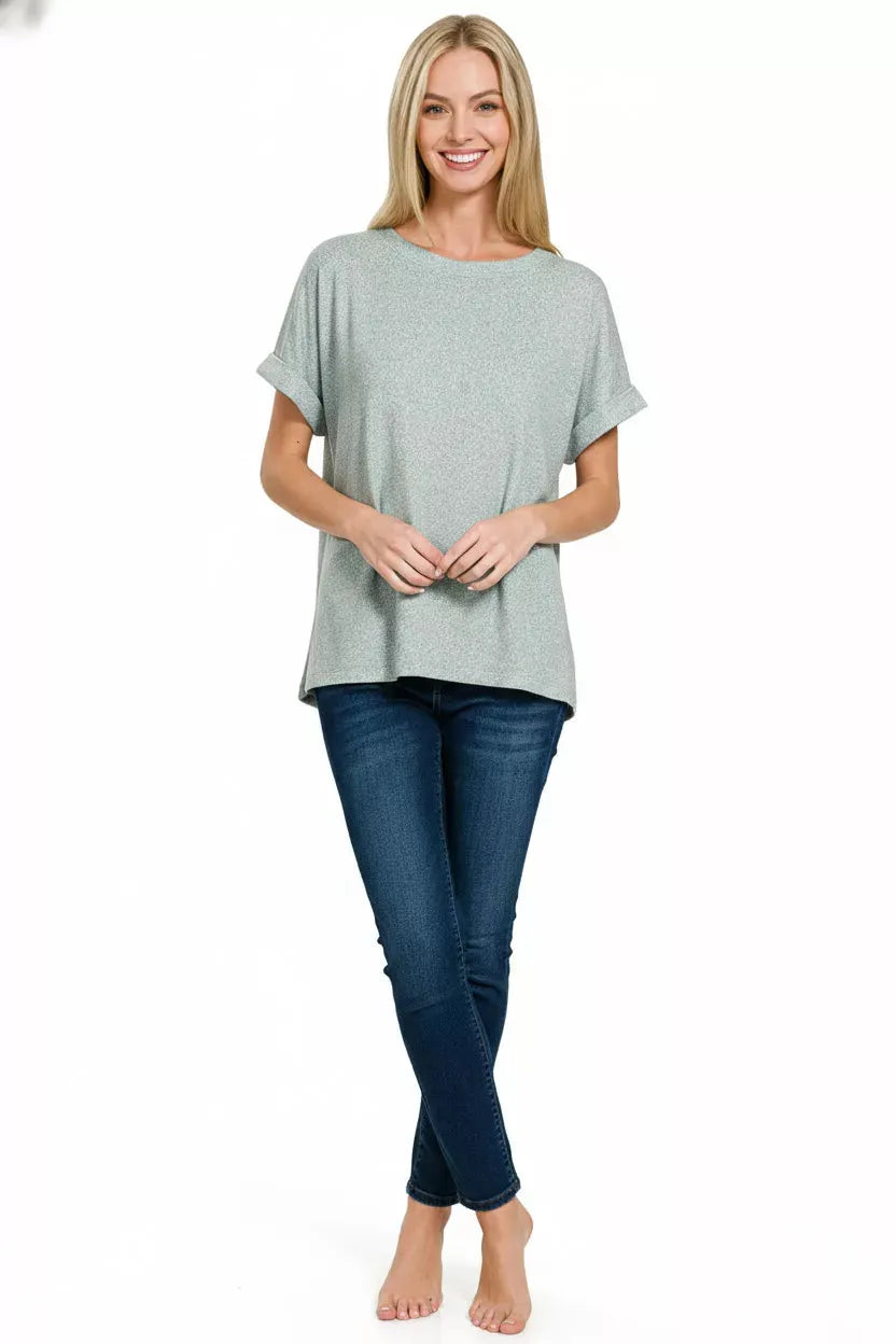 Zenana Soft Melange Hacci Short Sleeve Round Neck Top