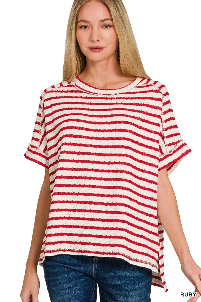 Zenana Stripe Jacquard Round-Meck Tee