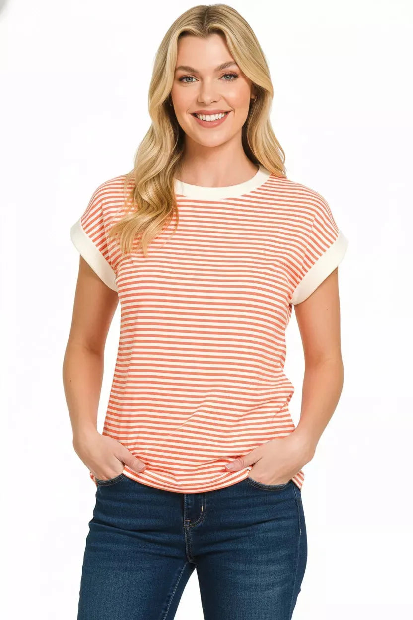 Zenana Striped Round Neck Short Sleeve Contrast Trim T-Shirt