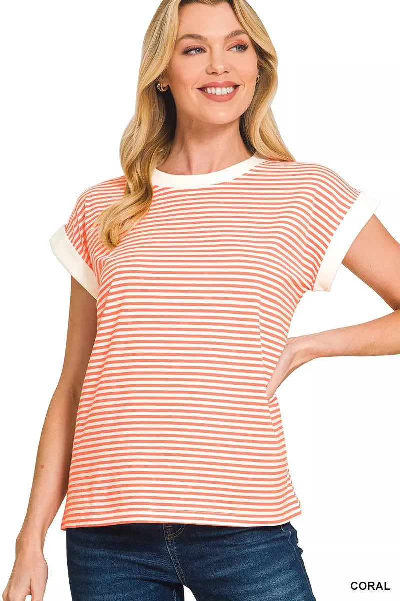 Zenana Striped Round Neck Short Sleeve Contrast Trim T-Shirt