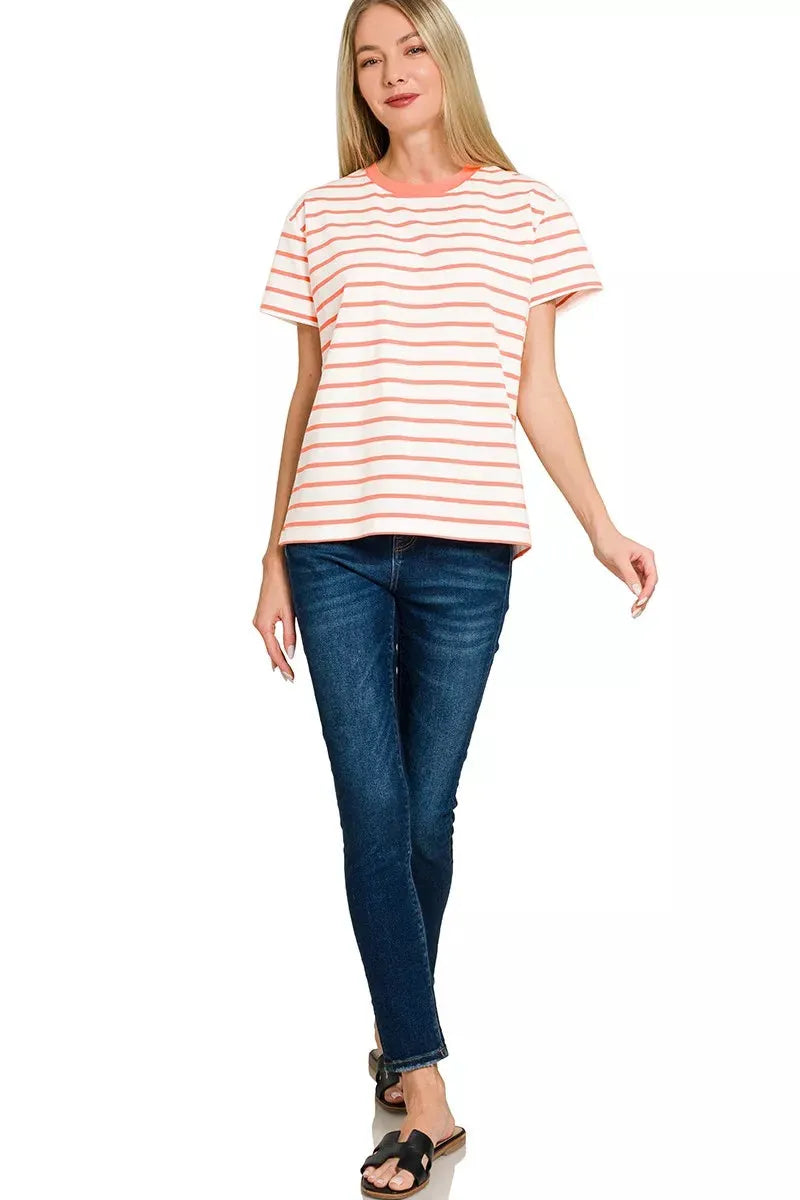 Zenana Striped Round Neck Short Sleeve T-Shirt