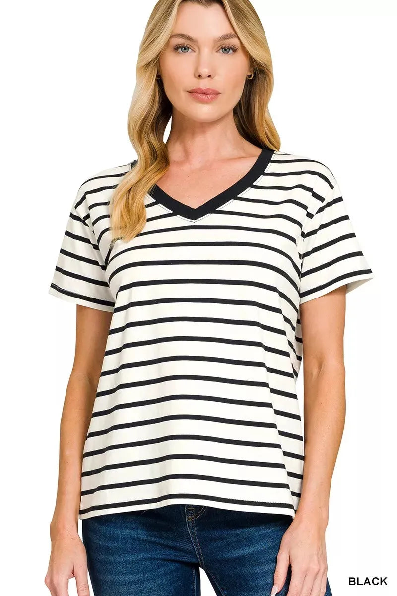 Zenana Striped V-Neck Short Sleeve T-Shirt