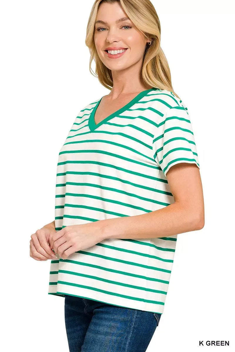 Zenana Striped V-Neck Short Sleeve T-Shirt