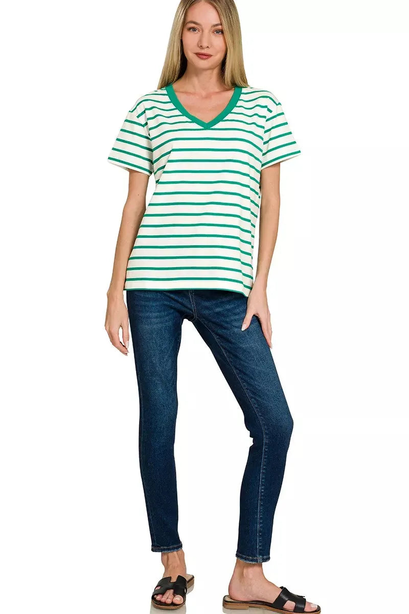 Zenana Striped V-Neck Short Sleeve T-Shirt