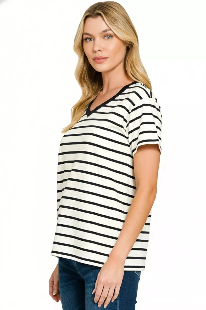 Zenana Striped V-Neck Short Sleeve T-Shirt