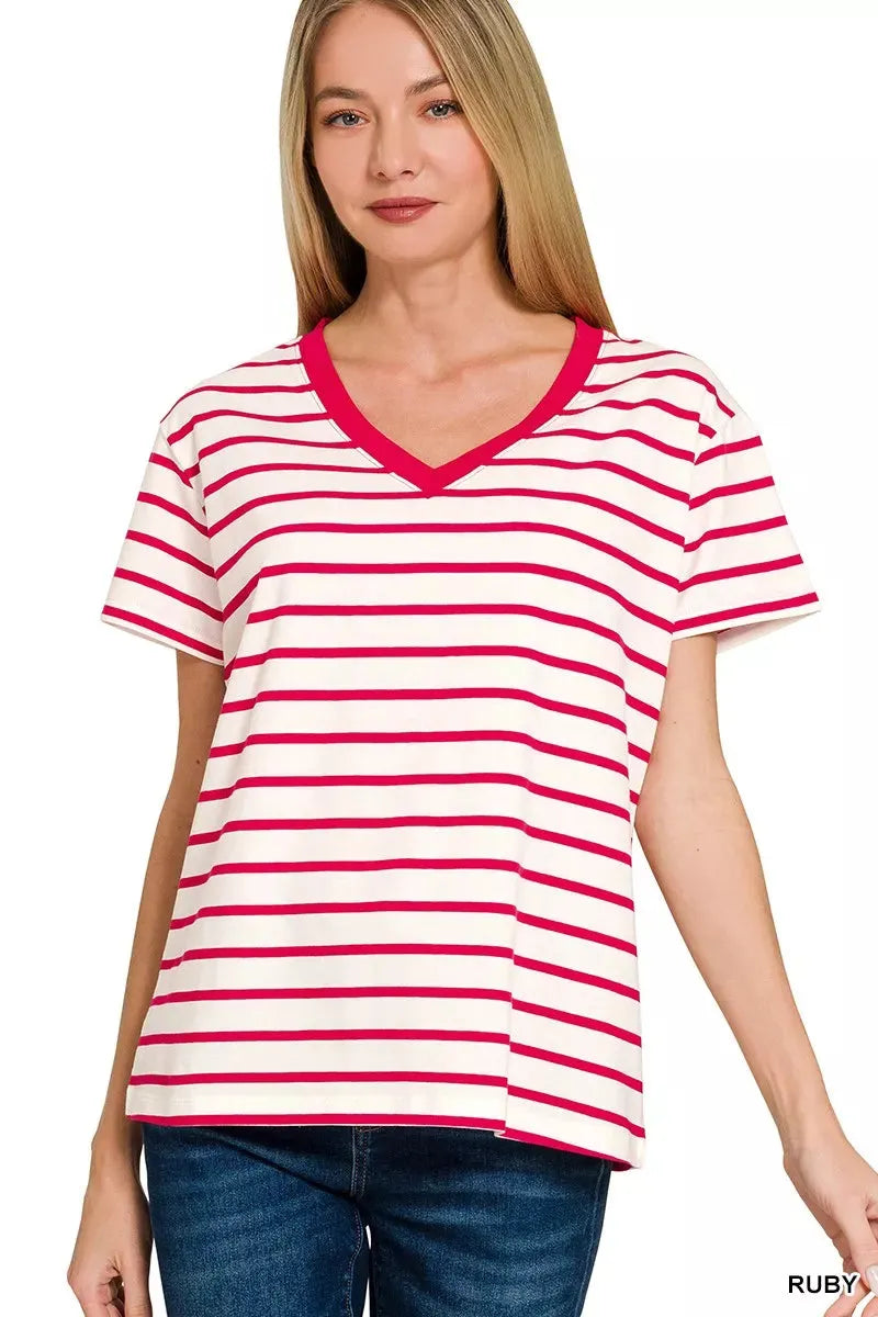 Zenana Striped V-Neck Short Sleeve T-Shirt