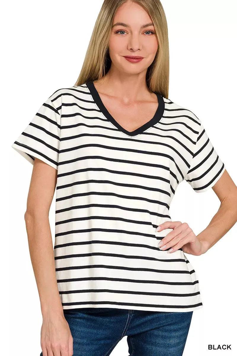 Zenana Striped V-Neck Short Sleeve T-Shirt