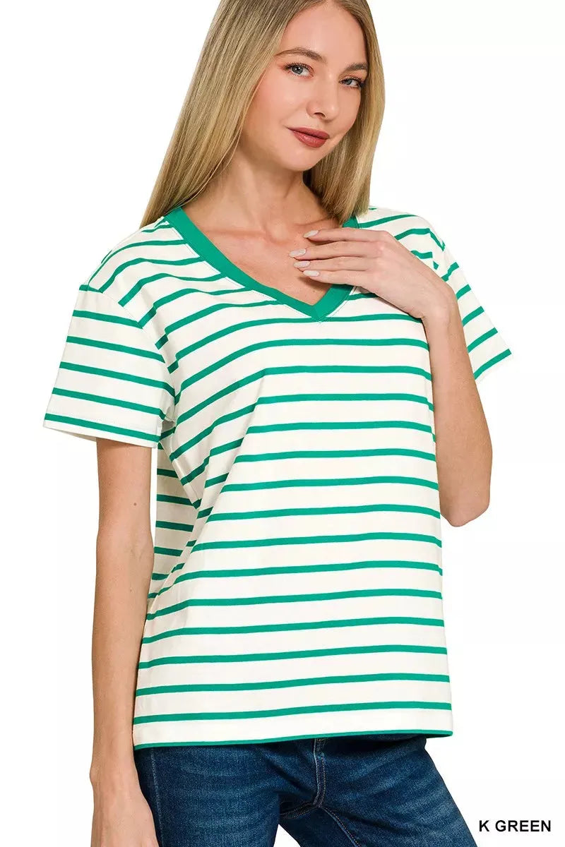 Zenana Striped V-Neck Short Sleeve T-Shirt