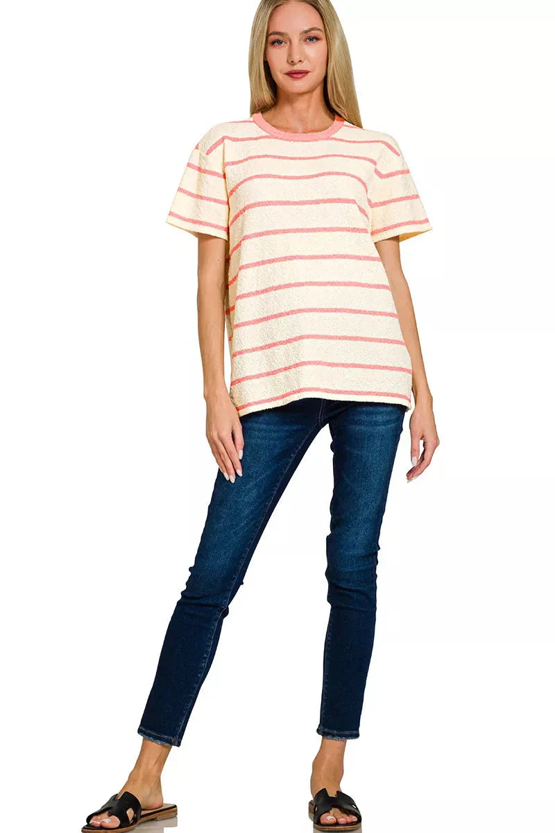 Zenana Textured Striped Crew Neck T-Shirt