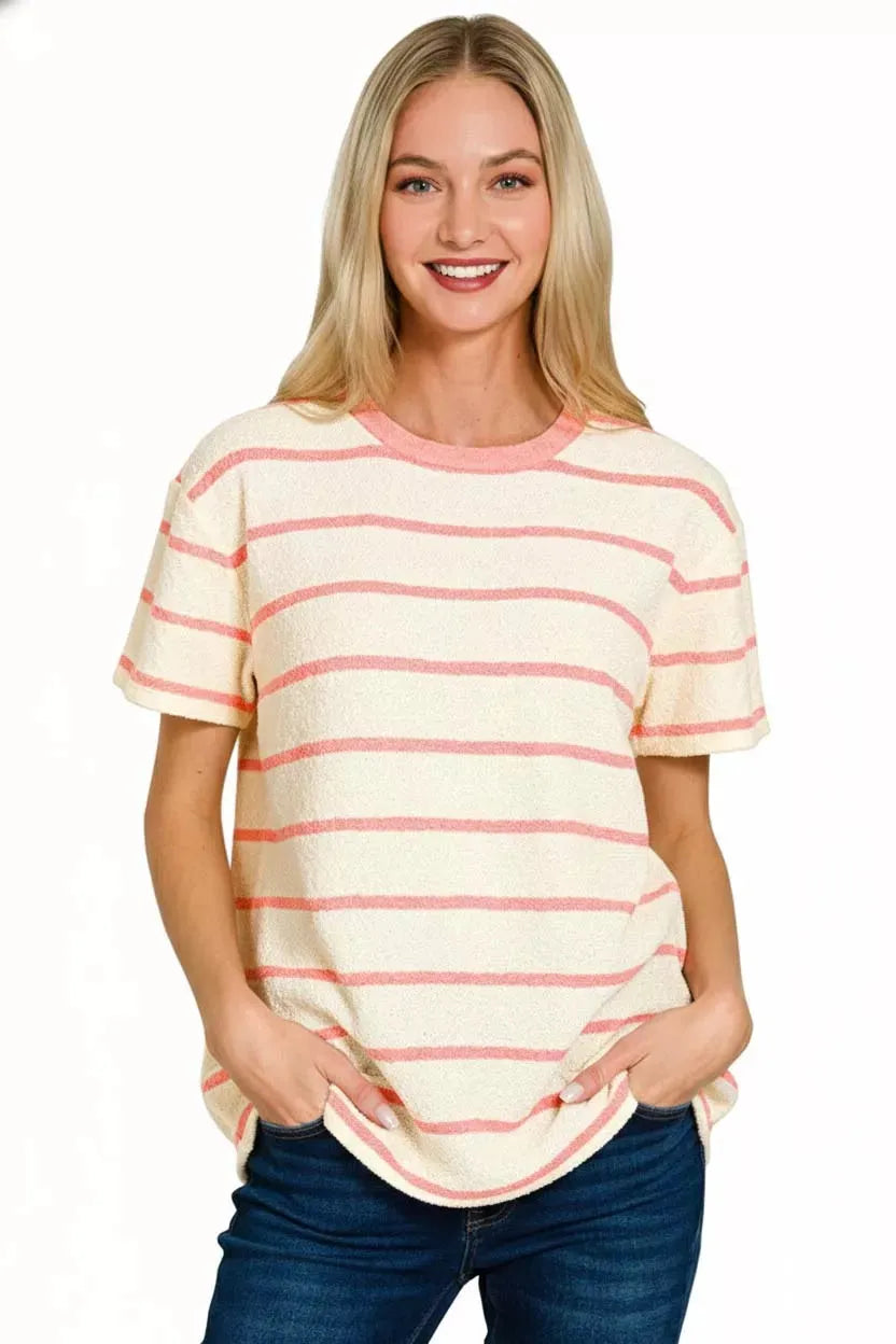 Zenana Textured Striped Crew Neck T-Shirt