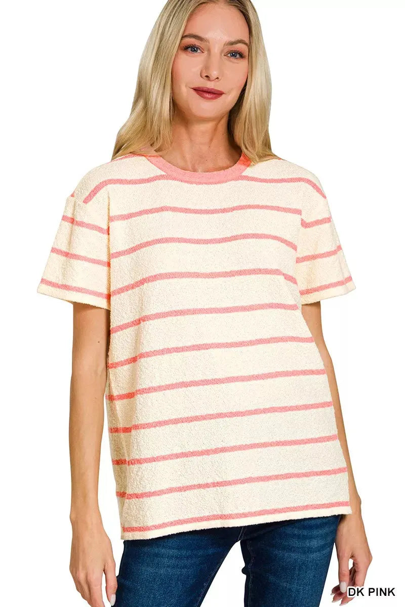 Zenana Textured Striped Crew Neck T-Shirt