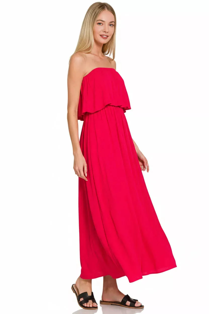 Zenana Woven Crinkle Strapless Maxi Dress