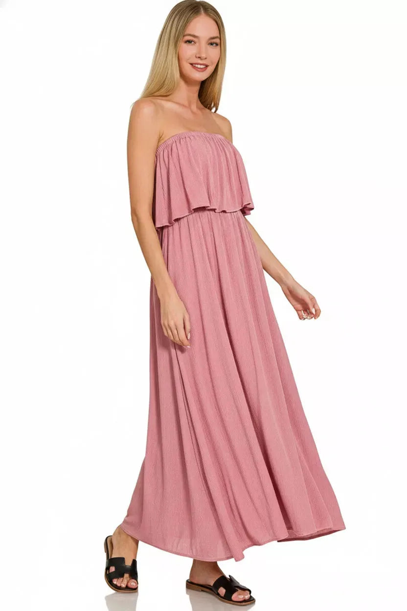 Zenana Woven Crinkle Strapless Maxi Dress