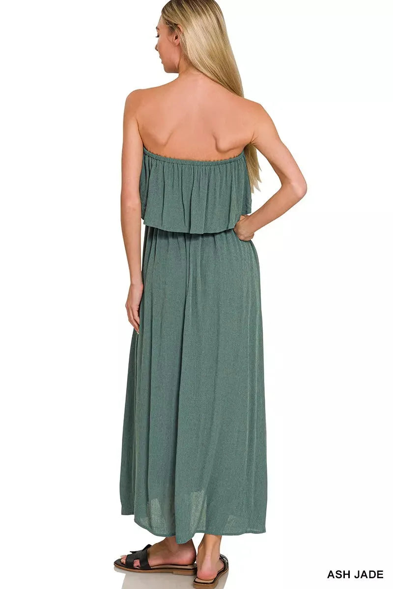 Zenana Woven Crinkle Strapless Maxi Dress