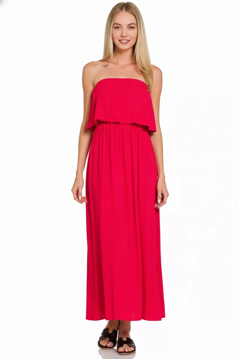 Zenana Woven Crinkle Strapless Maxi Dress
