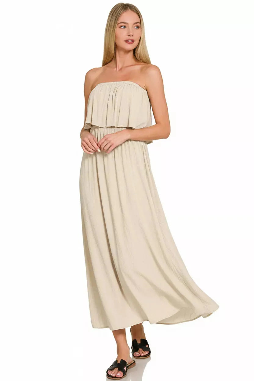 Zenana Woven Crinkle Strapless Maxi Dress