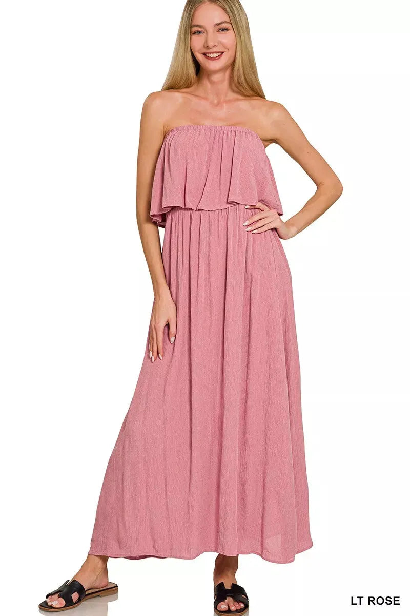 Zenana Woven Crinkle Strapless Maxi Dress