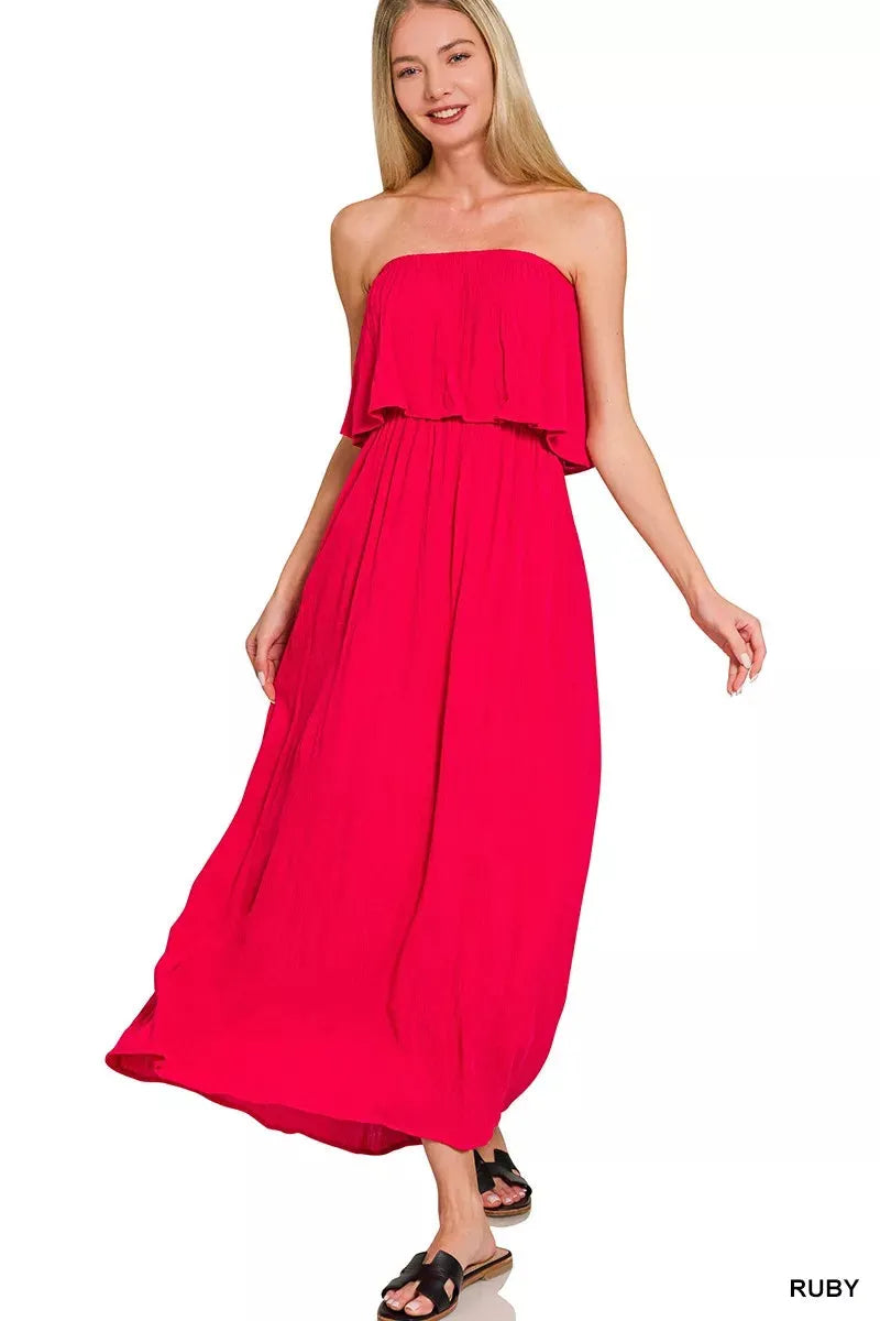 Zenana Woven Crinkle Strapless Maxi Dress