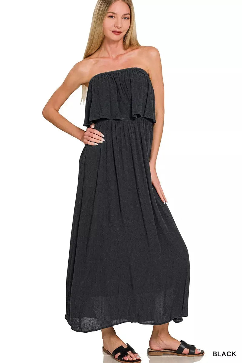 Zenana Woven Crinkle Strapless Maxi Dress
