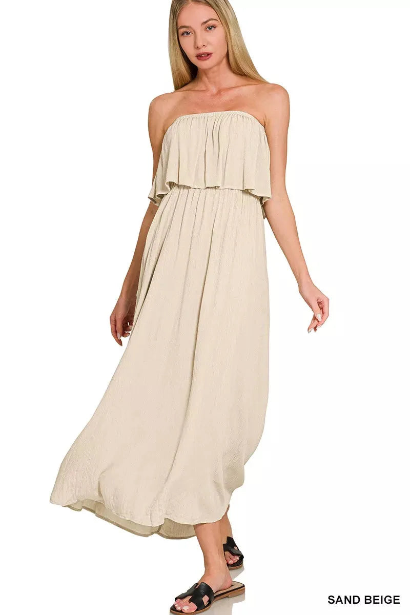 Zenana Woven Crinkle Strapless Maxi Dress