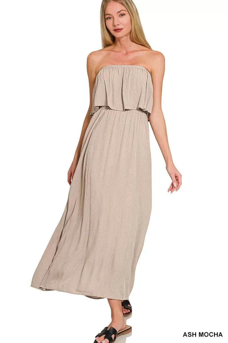 Zenana Woven Crinkle Strapless Maxi Dress