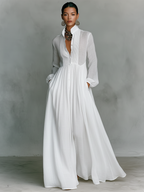 Minimalist Cotton Linen Maxi Dress with Stand-up Collar for Women