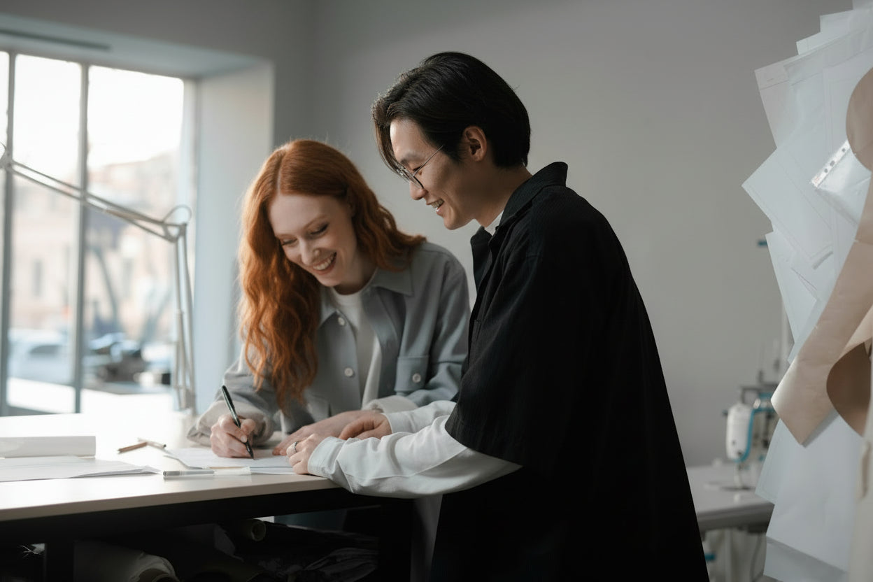 Two people working together at a table with sewing equipment in the background