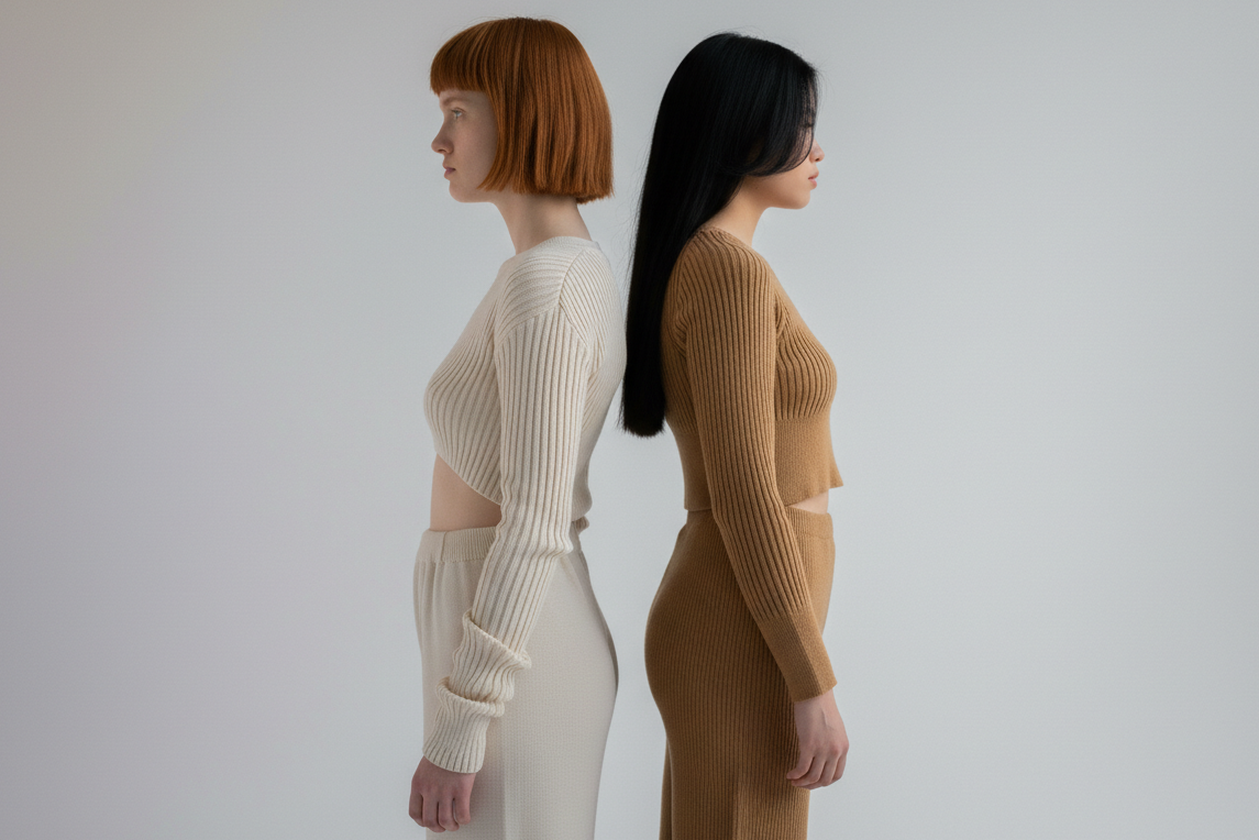 Two women wearing matching knit outfits standing side by side against a plain background.