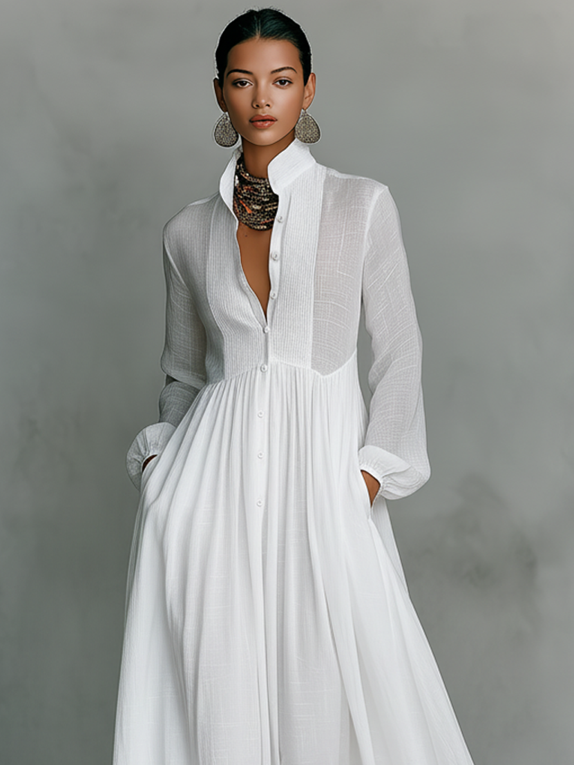 Minimalist Cotton Linen Maxi Dress with Stand-up Collar for Women