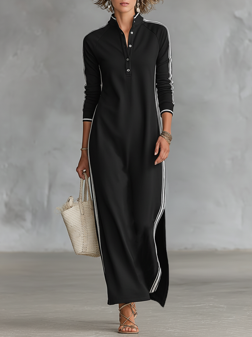 Women's White-Trimmed Button-Down Maxi Sweatshirt Dress for Casual Wear