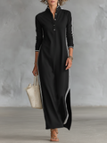 Women's White-Trimmed Button-Down Maxi Sweatshirt Dress for Casual Wear