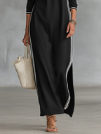 Women's White-Trimmed Button-Down Maxi Sweatshirt Dress for Casual Wear