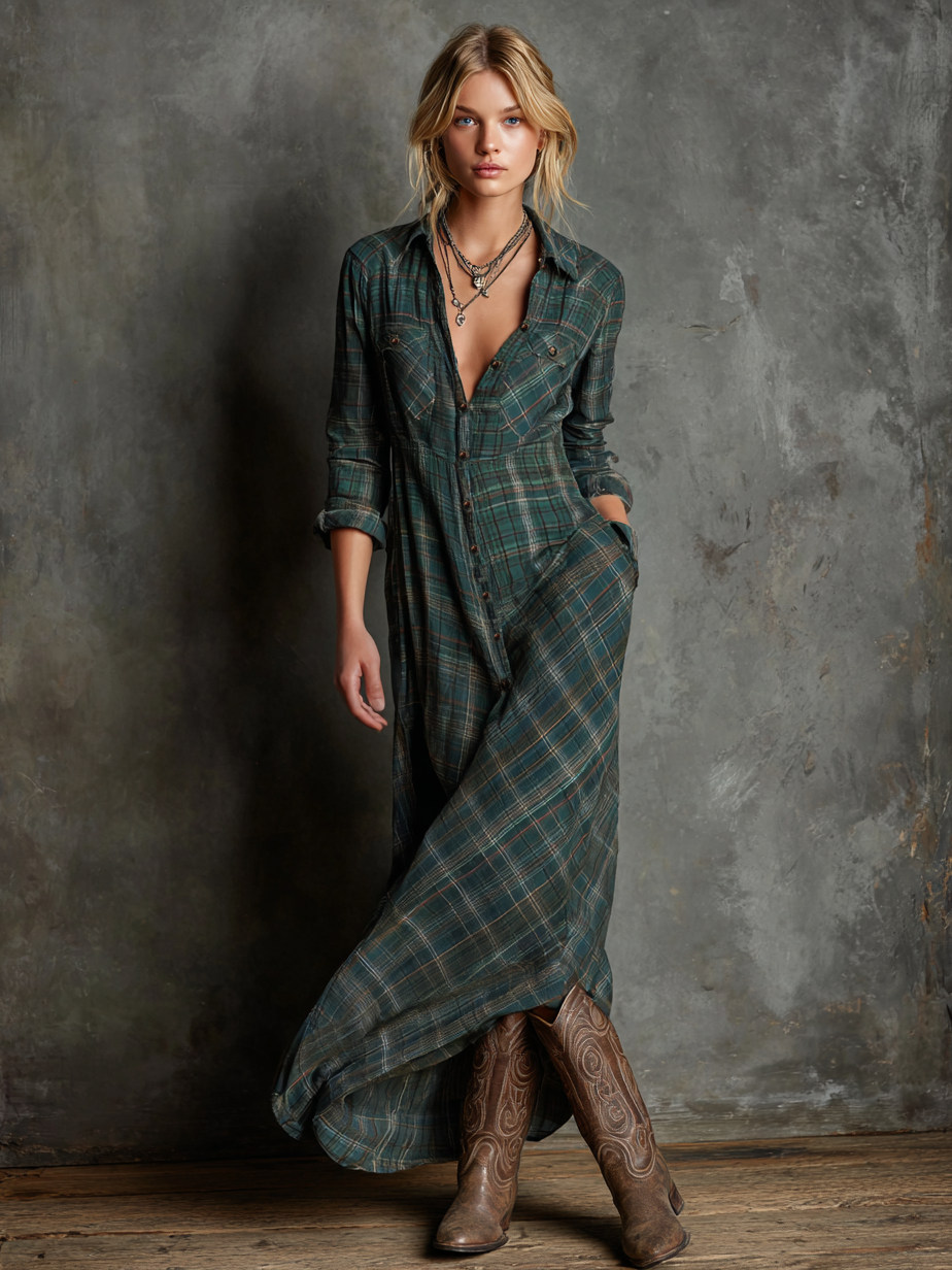 Plaid Maxi Dress for Women - Lapel, Single-Breasted, Casual Style