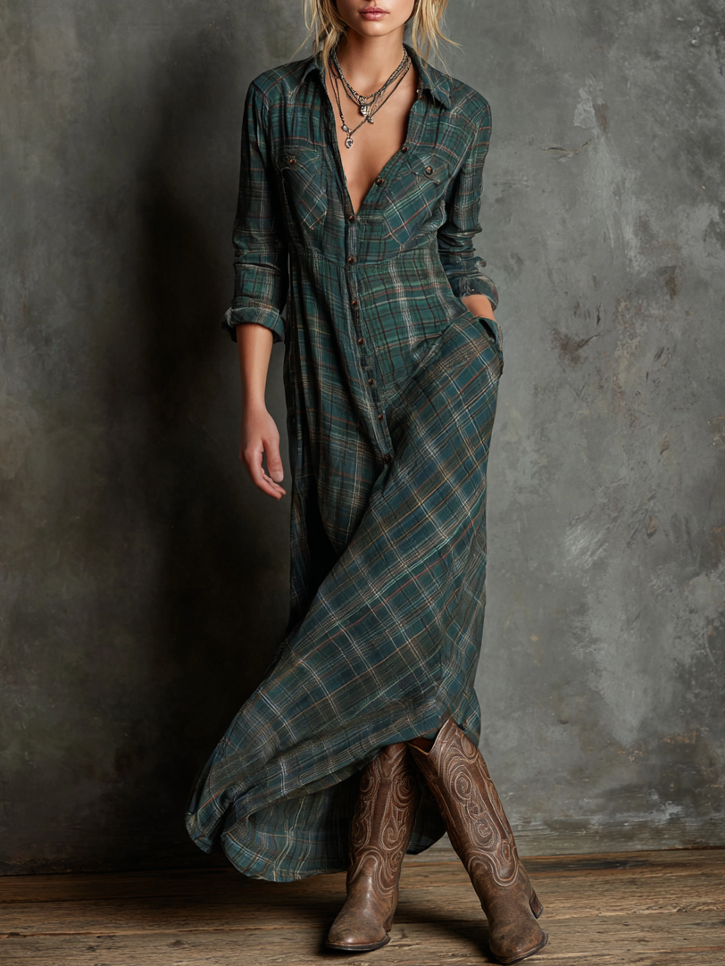 Plaid Maxi Dress for Women - Lapel, Single-Breasted, Casual Style