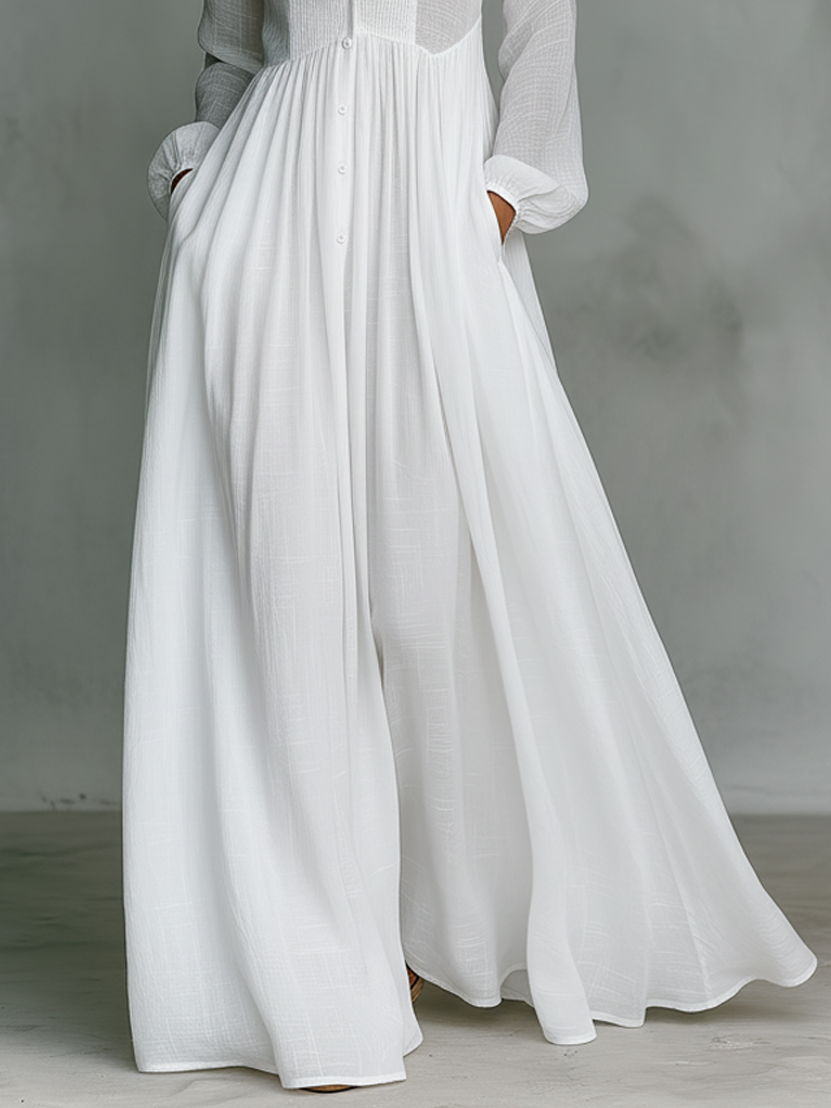 Minimalist Cotton Linen Maxi Dress with Stand-up Collar for Women