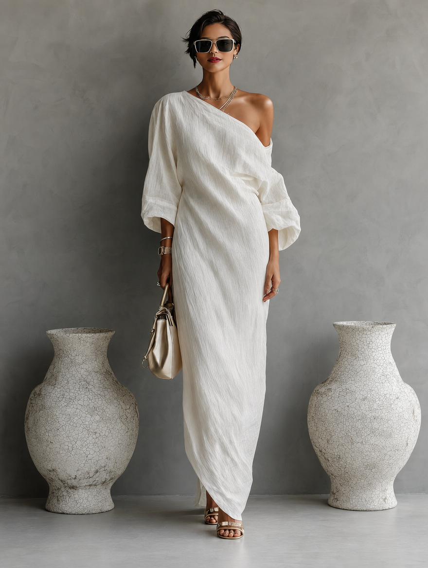 Ivory White Cotton-Linen Blend One-Shoulder Elegant Dress for Women