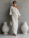 Ivory White Cotton-Linen Blend One-Shoulder Elegant Dress for Women